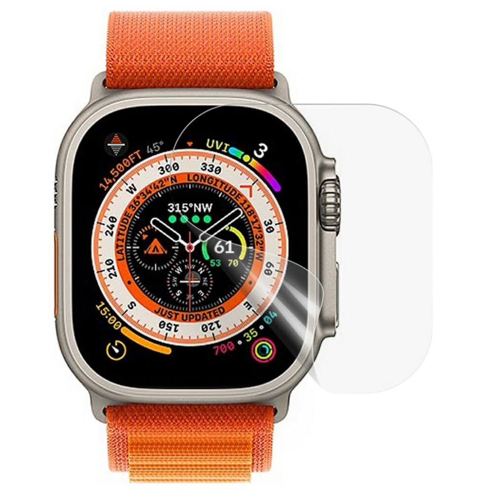 Die Apple Watch 10 mit orangefarbenem Armband zeigt einen Kompass und Aktivitätsmetriken an, geschützt durch die Cover-Discount-Displayschutzfolie PET für den Kratzschutz der 42-mm-Smartwatch.