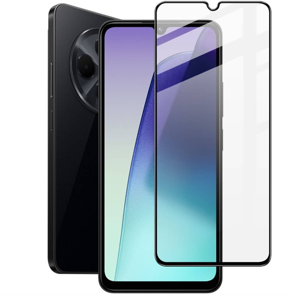 Ein schwarzes Xiaomi Redmi 14C Smartphone mit einem perfekt vor dem Display ausgerichteten Imak Panzerglas Displayschutz (9H Härte).