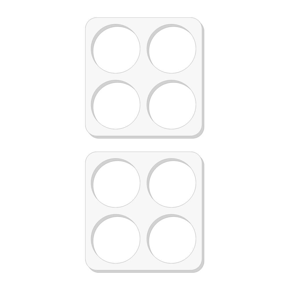 Vor einem weißen Hintergrund sind zwei weiße Trays mit jeweils vier kreisrunden Einschüben für das Xiaomi 14T Pro – 2 Stk. Panzerglas Kamera von Cover-Discount vertikal angeordnet.