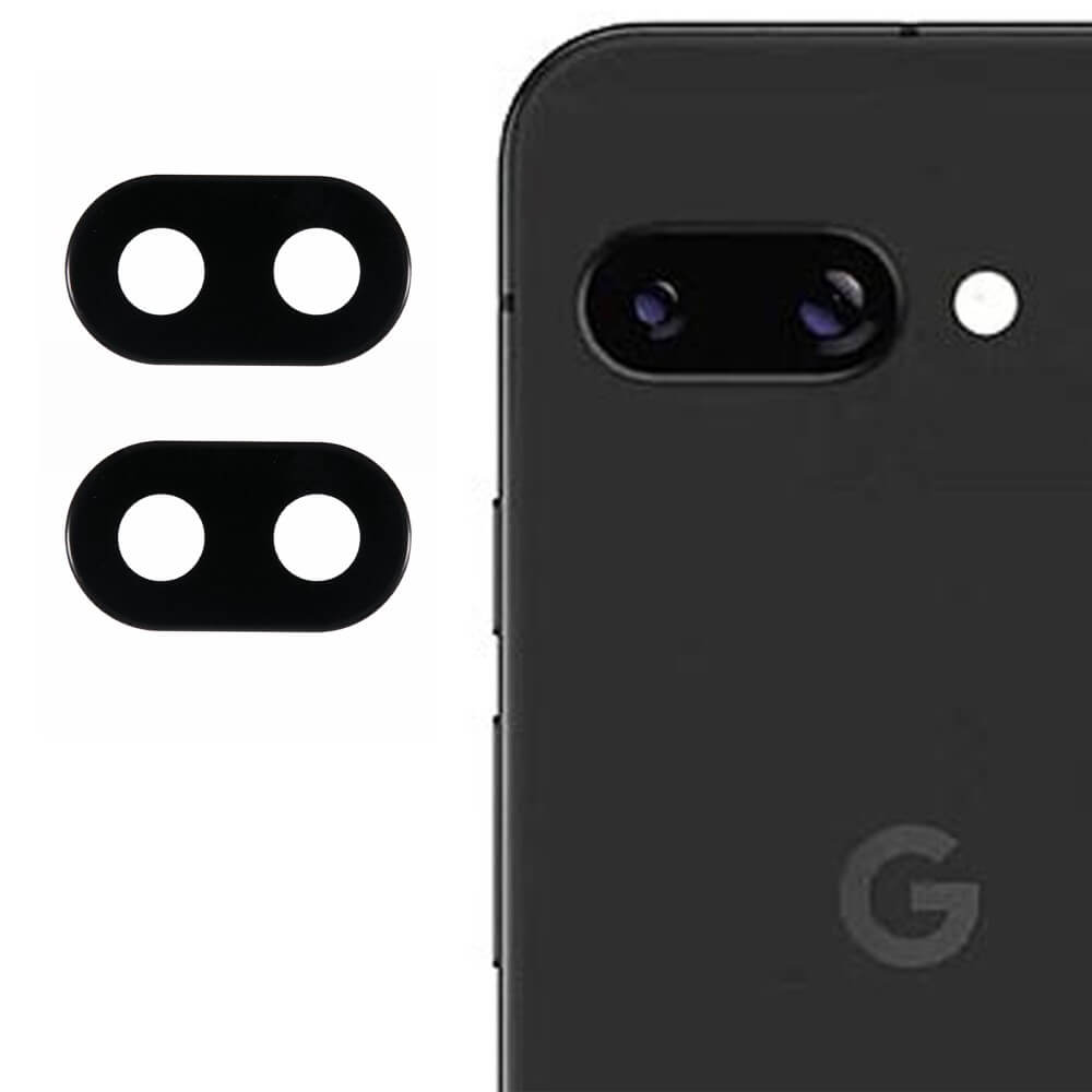 Rückansicht eines schwarzen Google Pixel 9a mit Doppelkamera, abgebildet neben zwei Panzerglas-Objektivabdeckungen von Cover-Discount (Google Pixel 9a – 2 Stk. Panzerglas Kamera).