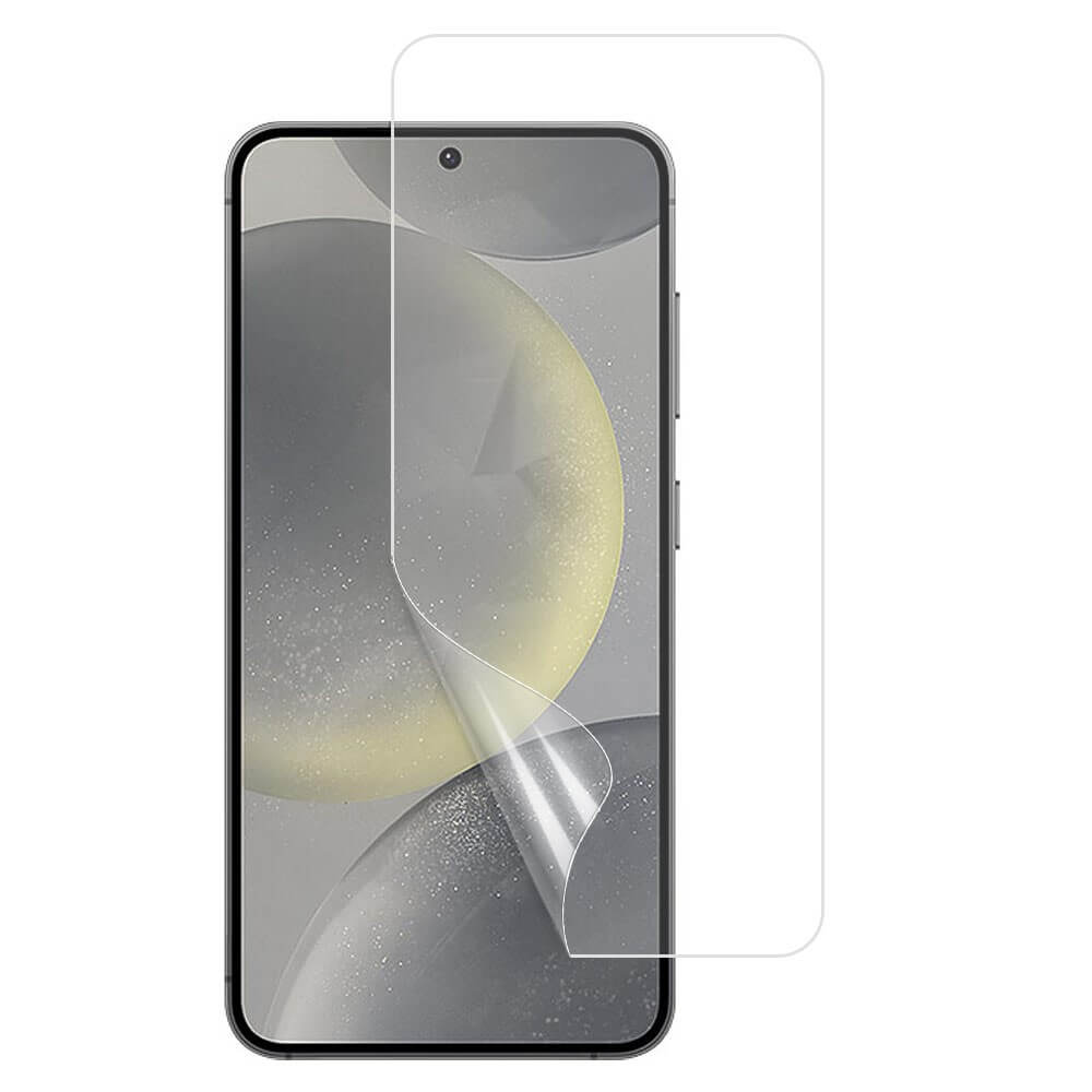 Die hier teilweise abgezogen abgebildete Cover-Discount Galaxy S25 - Display Schutzfolie PET schützt Ihr Galaxy S25 Display und hält es kratzfest.