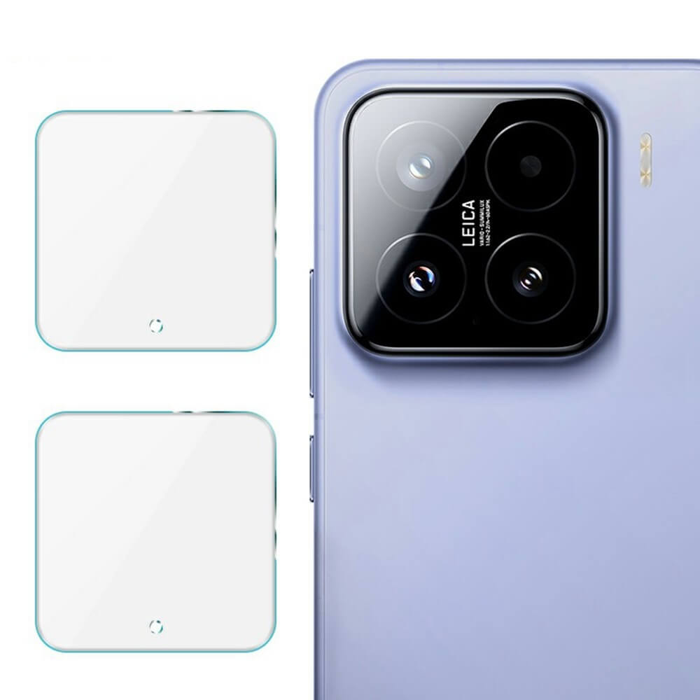 Nahaufnahme eines Xiaomi 15-Smartphone-Kameramoduls mit zwei quadratischen Imak IMAK 2 Stk. Panzerglas Kamera-Objektivschutzvorrichtungen mit einer oleophoben Beschichtung daneben.