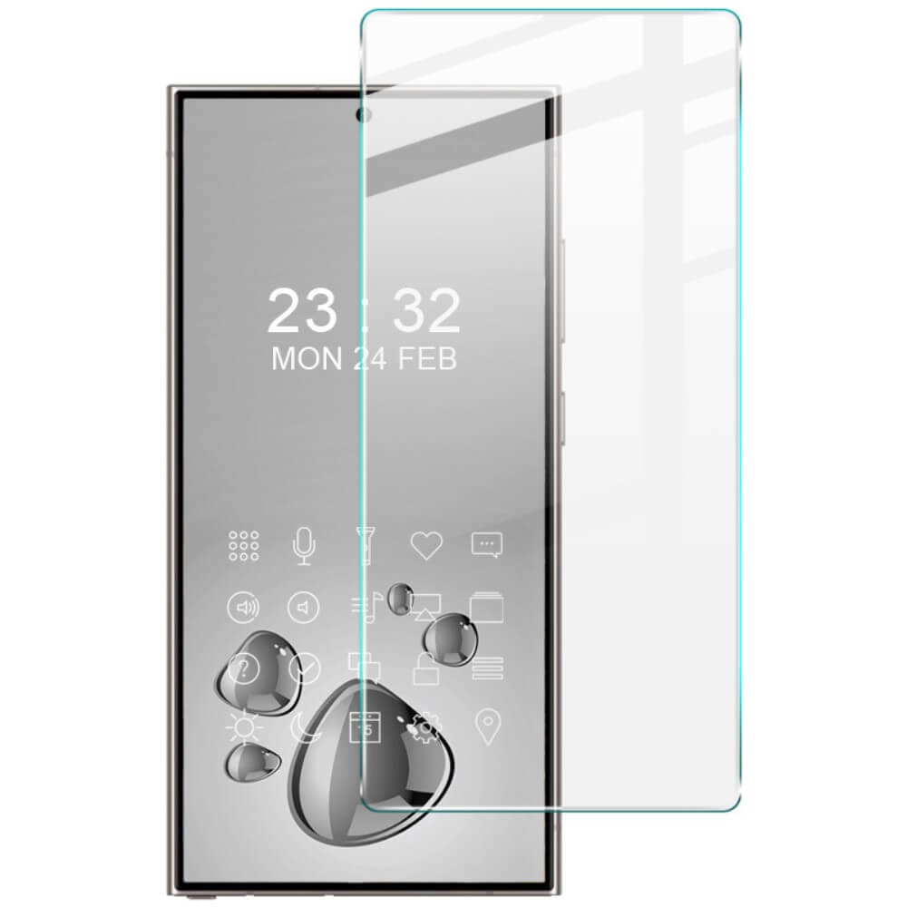 Das Galaxy S25 Ultra mit einem Imak Panzerglas-Display von Imak wird neben seinem IMAK Panzerglas-Displayschutz gezeigt, bereit zur Anbringung.