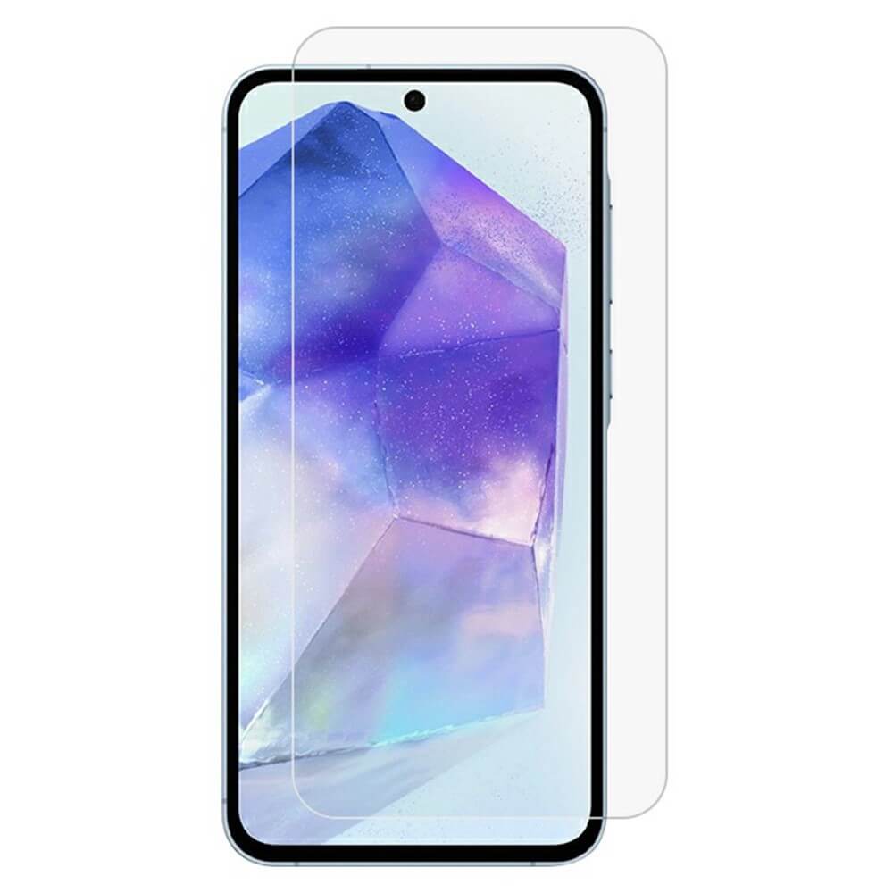 Die Cover-Discount Galaxy A56 5G – Display-Schutzfolie PET wird perfekt ausgerichtet über einem Smartphone mit einem blau-violetten geometrischen Hintergrundbild angezeigt.
