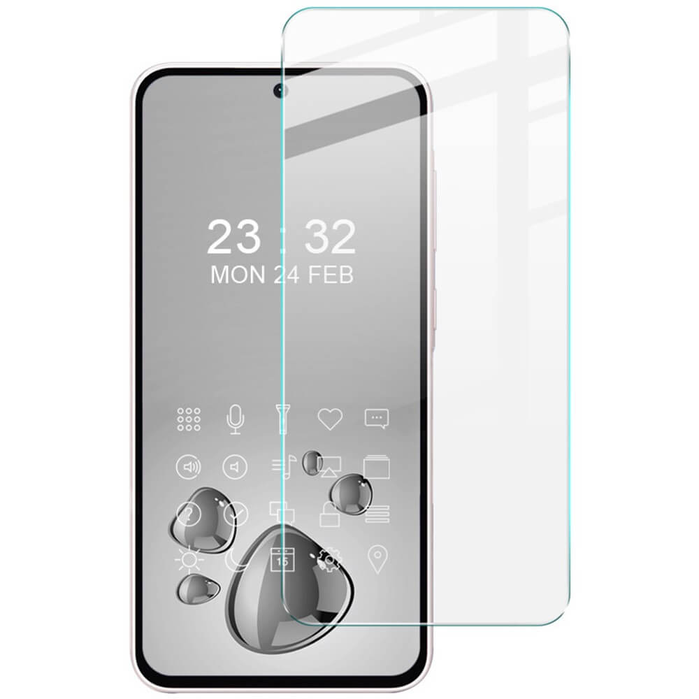 Das Galaxy A56 5G verfügt über das Imak Panzerglas-Display, einen transparenten und präzise ausgerichteten Displayschutz, der eine Digitaluhr und lebendige Symbole anzeigt.