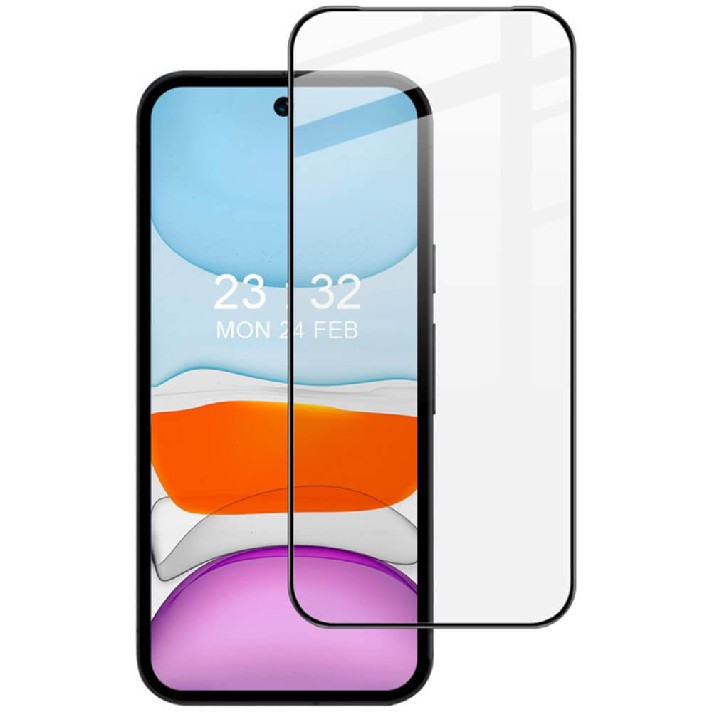 Ein Google Pixel 9a mit einem davor ausgerichteten Imak Panzerglas-Displayschutz, der Uhrzeit und Datum deutlich anzeigt.