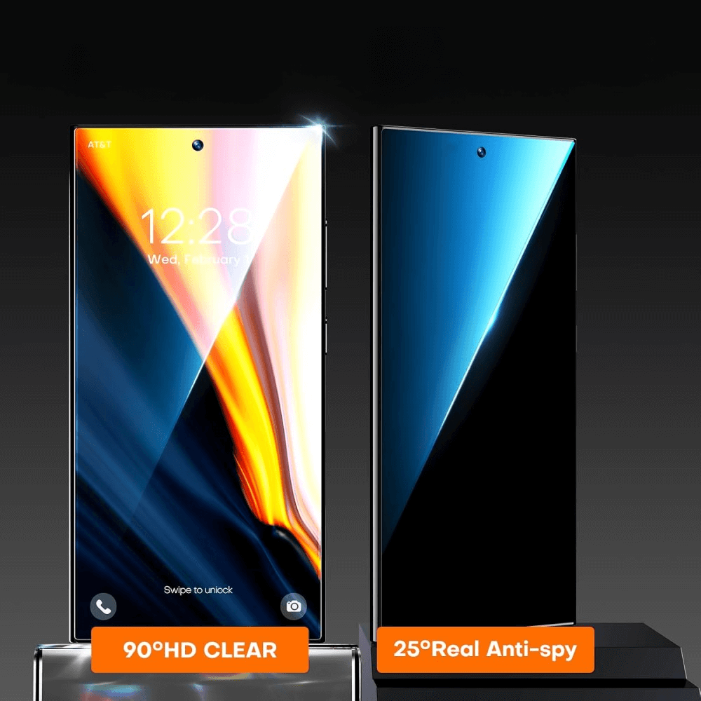 Zwei Smartphones abgebildet: Das linke ist hell und klar, während das rechte über ein Cover-Discount Galaxy S25 Ultra Privacy Anti-Spy Panzerglas verfügt – ideal, um Ihr Display vor neugierigen Blicken zu schützen.