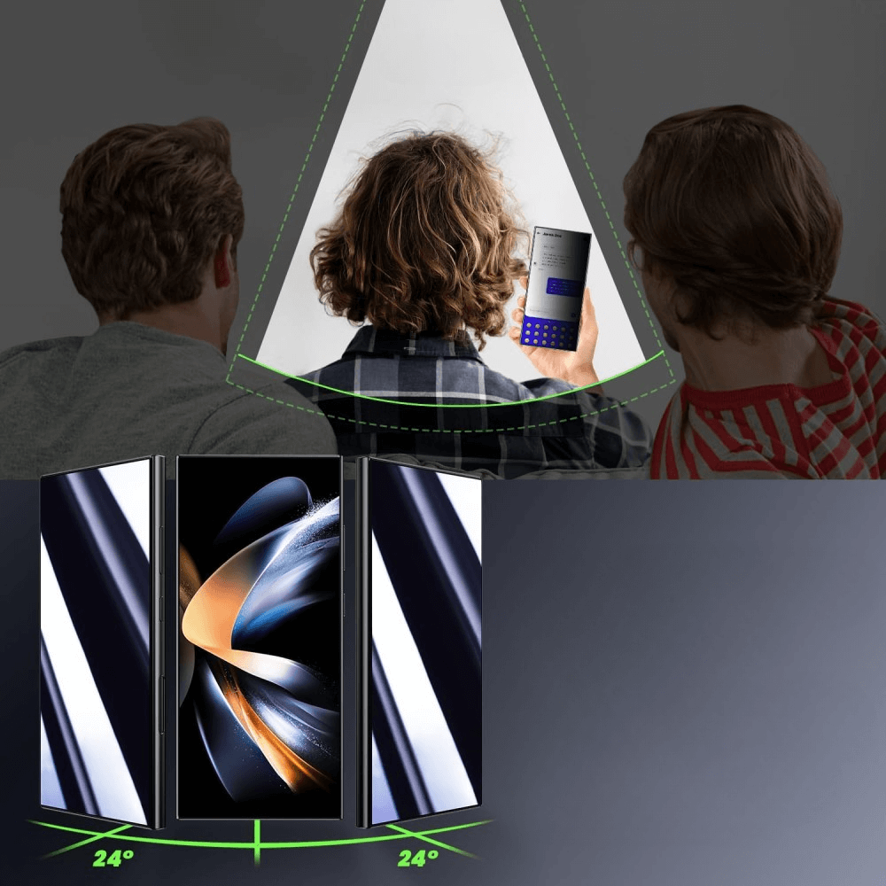 Drei Personen betrachten ein Galaxy S25 Ultra mit dem 2-teiligen Panzerglas Display Privacy Anti-Spy von Cover-Discount, das weite Betrachtungswinkel und starken Anti-Spy-Schutz von allen Seiten gewährleistet.
