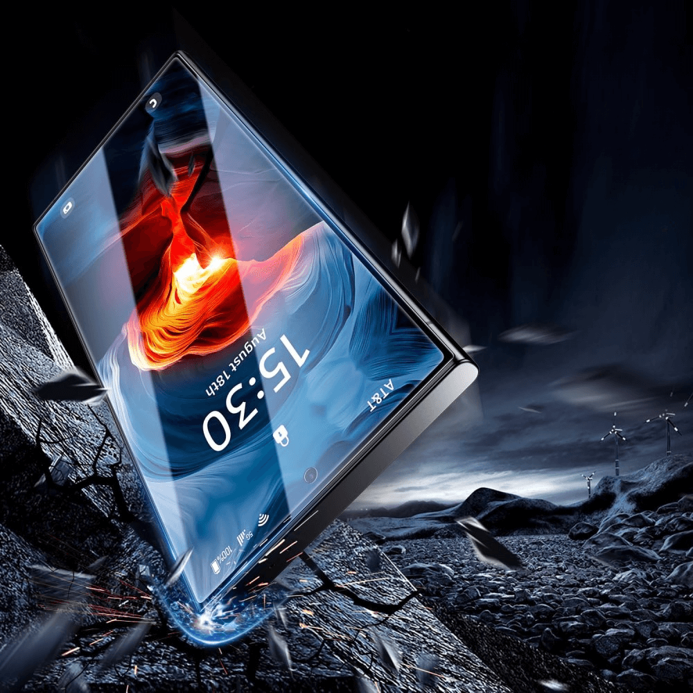 Ein Galaxy S25 Ultra mit Cover-Rabatt 2 Stk. Panzerglas Display Privacy Anti-Spy leuchtet, als es auf Felsen fällt und zeigt 15:30 Uhr und den 15. August.