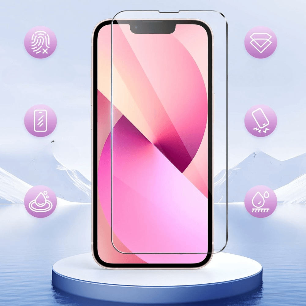 Ein iPhone 16e mit dem 2-teiligen Panzerglas-Display von Cover-Discount steht auf einem Podium, umgeben von Symbolen, die seine fortschrittlichen Schutzfunktionen hervorheben.