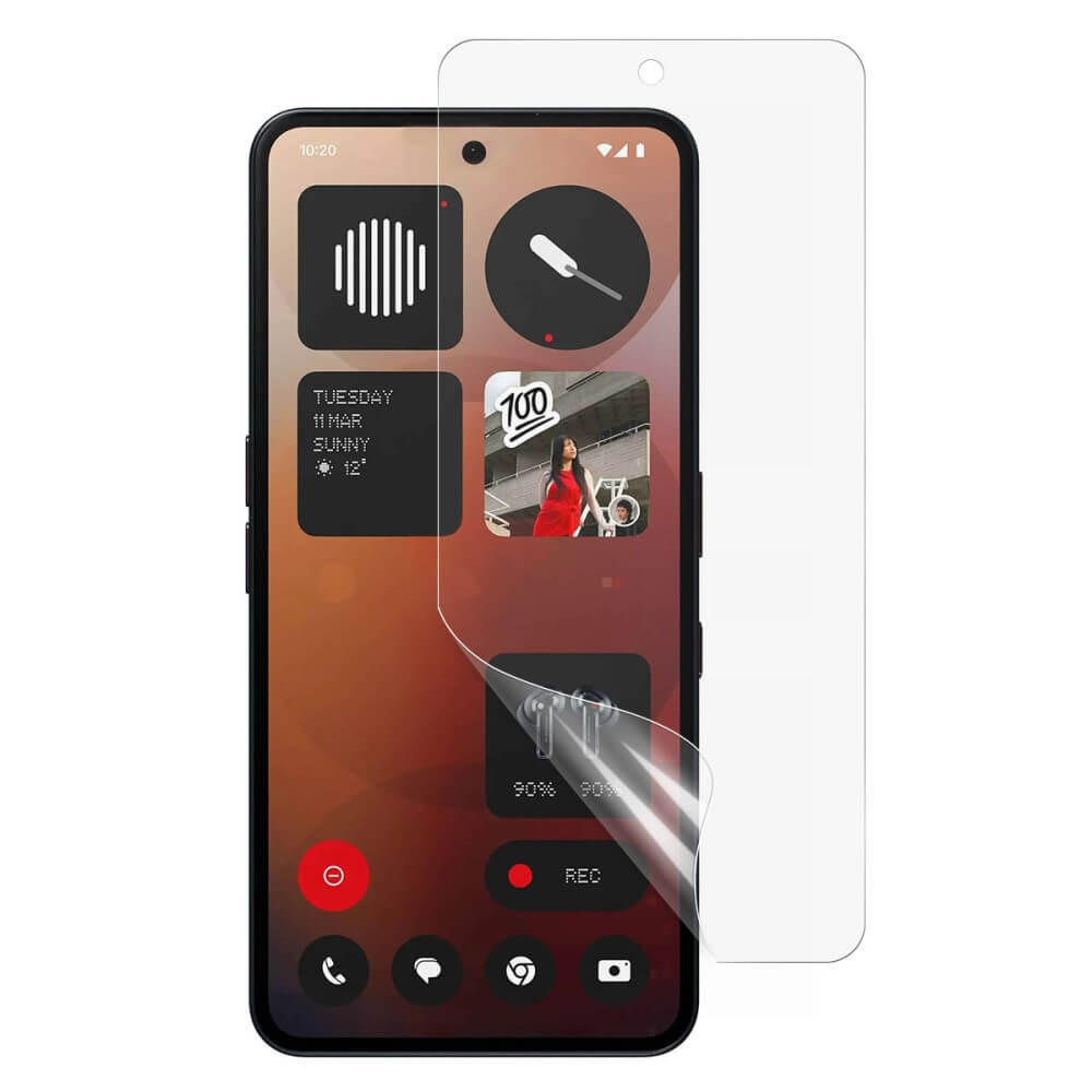 Die Cover-Discount Nothing Phone (3a)/(3a) Pro Display Schutzfolie PET ist eine kratzfeste Displayfolie aus PET-Material, teilweise abgezogen, um den Homescreen sichtbar zu machen.