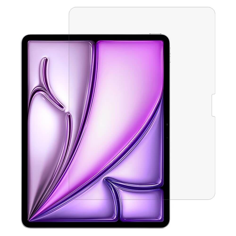 Das Panzerglas-Schutzfolie-Display von Cover-Discount für das iPad Air 13 (M2/M3) wird neben einem Tablet mit einem lila abstrakten Design auf dem Bildschirm angezeigt.