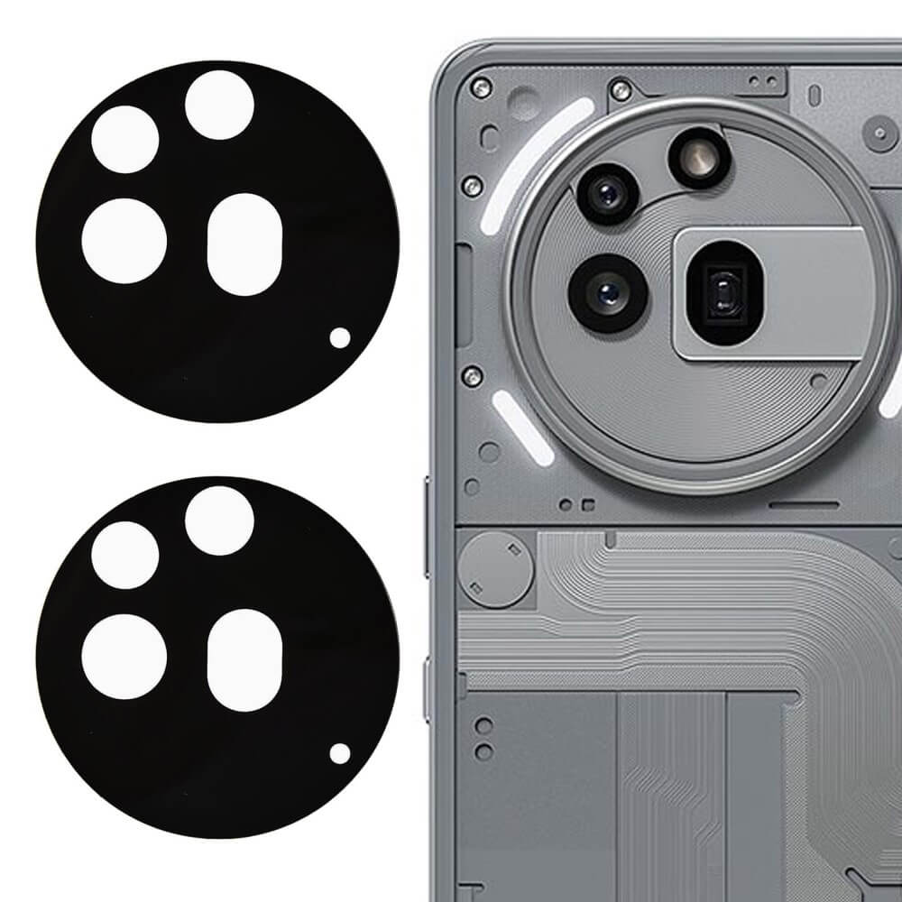 Zwei Cover-Discount Nothing Phone (3a) Pro Panzerglas Kamera-Objektivschutzfolien (2 Stück, schwarz, kreisförmig) liegen neben dem hinteren Kameramodul eines silbernen Smartphones.
