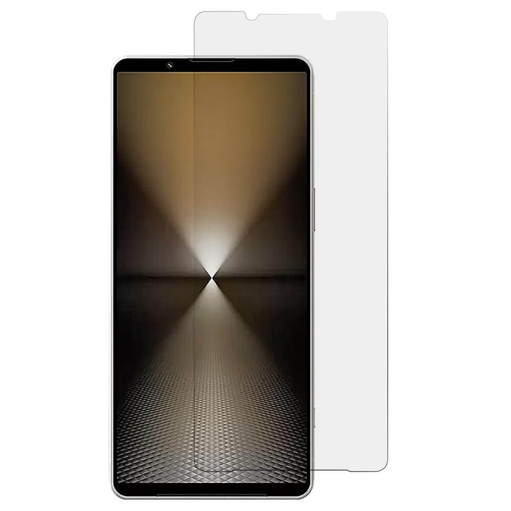 Ein Cover-Discount Sony Xperia 1 VII-Smartphone und eine passende Panzerglas-Schutzfolie zum Displayschutz, nebeneinander auf einem schlichten weißen Hintergrund platziert.