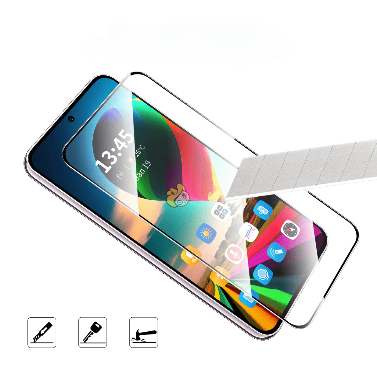 Ein Universalmesser zerkratzt das Cover-Discount CMF Phone 2 Pro - 2 Stk. Panzerglas Display, was die beeindruckende Widerstandsfähigkeit dieser gehärteten Glas Displayschutzfolie gegen scharfe Gegenstände demonstriert.