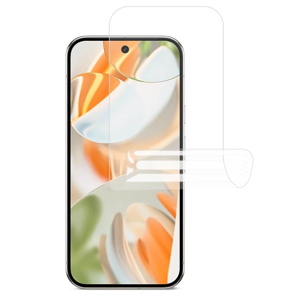 Ein Google Pixel 10 mit einer Cover-Discount PET Display Schutzfolie für Pixel 10 / 10 Pro über dem Bildschirm positioniert, bereit für die Anwendung.