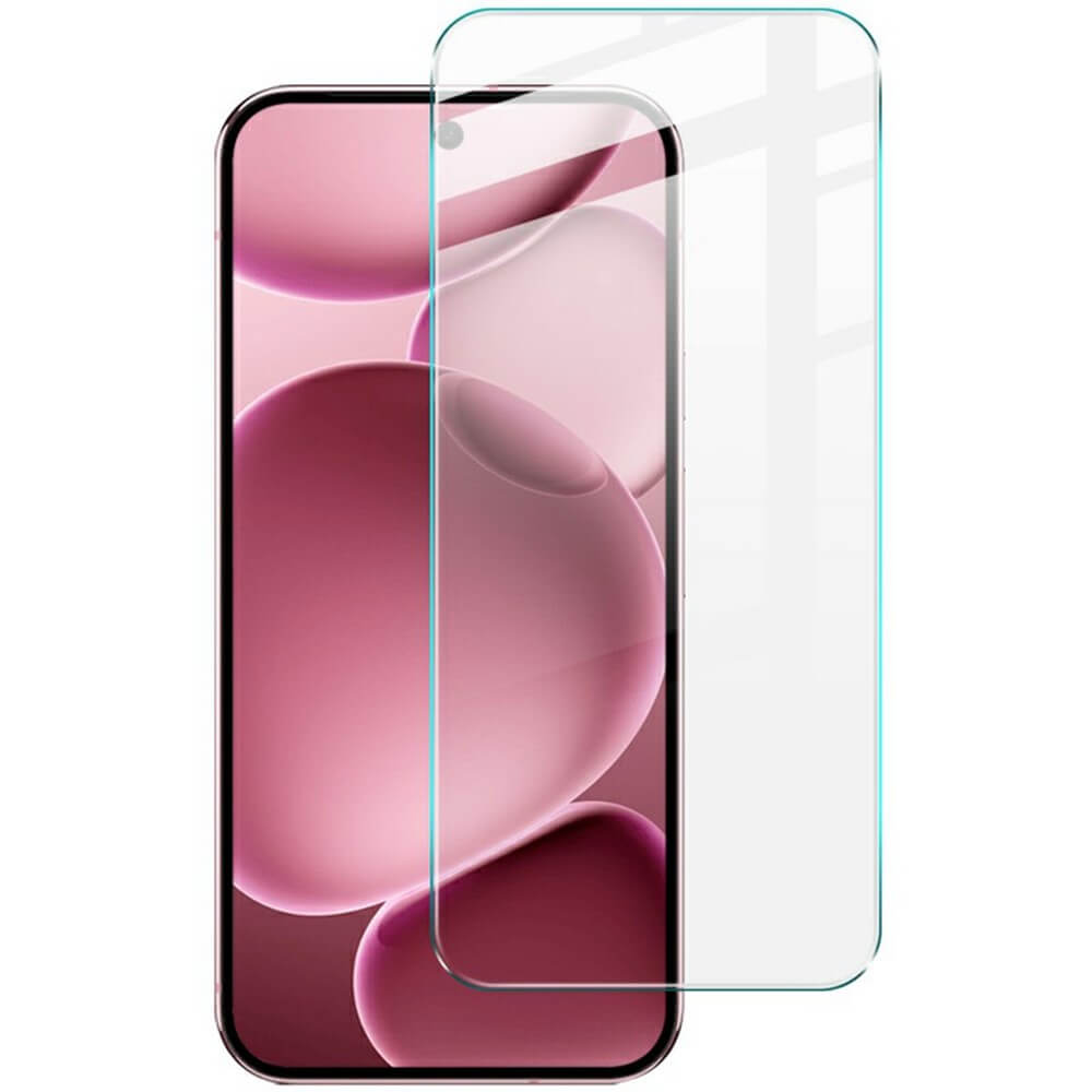 Gezeigt wird ein Google Pixel 10 Pro XL mit einem rosa abstrakten Hintergrundbild, das eine Imak Panzerglas Displayschutzfolie zeigt, die genau über dem Bildschirm ausgerichtet ist.