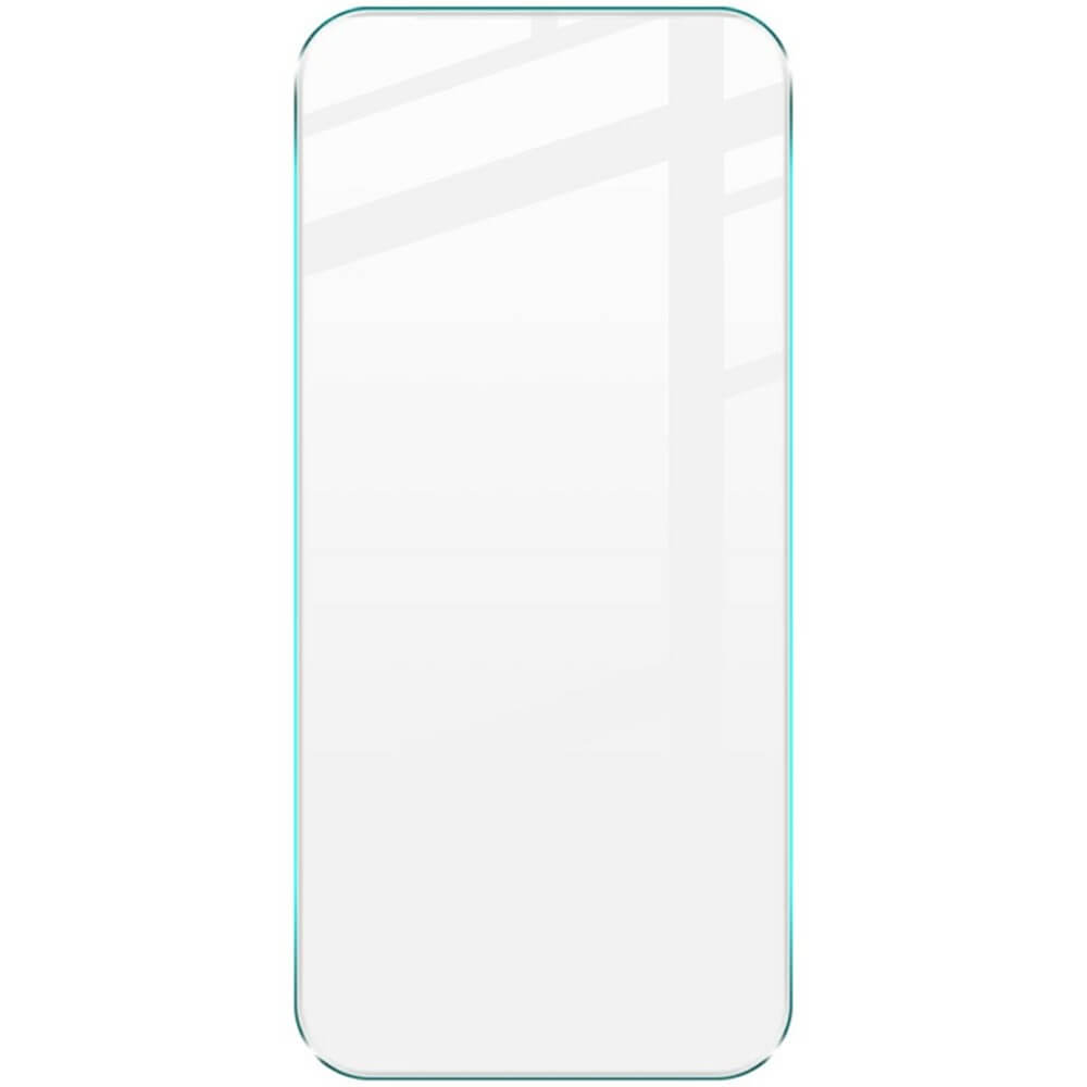 Transparenter Displayschutz aus Glas mit abgerundeten Ecken und türkisfarbenem Rand für Smartphones.