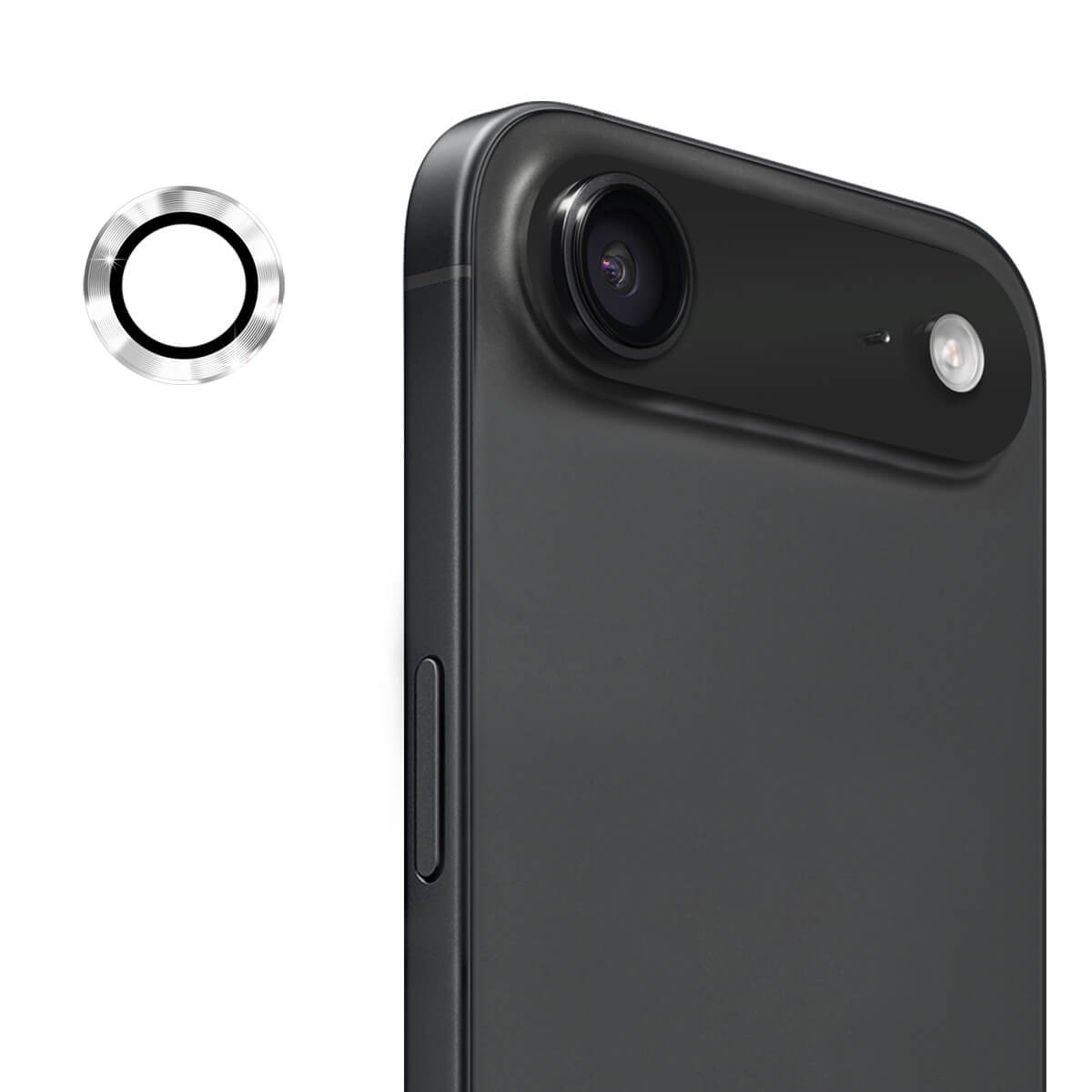 #farbe_silber|Nahaufnahme des iPhone 17 Air mit einem ENKAY Panzerglas Linsen Kamera Objektivschutz neben der Rückfahrkamera, der den wesentlichen Kameraschutz von ENKAY hervorhebt.