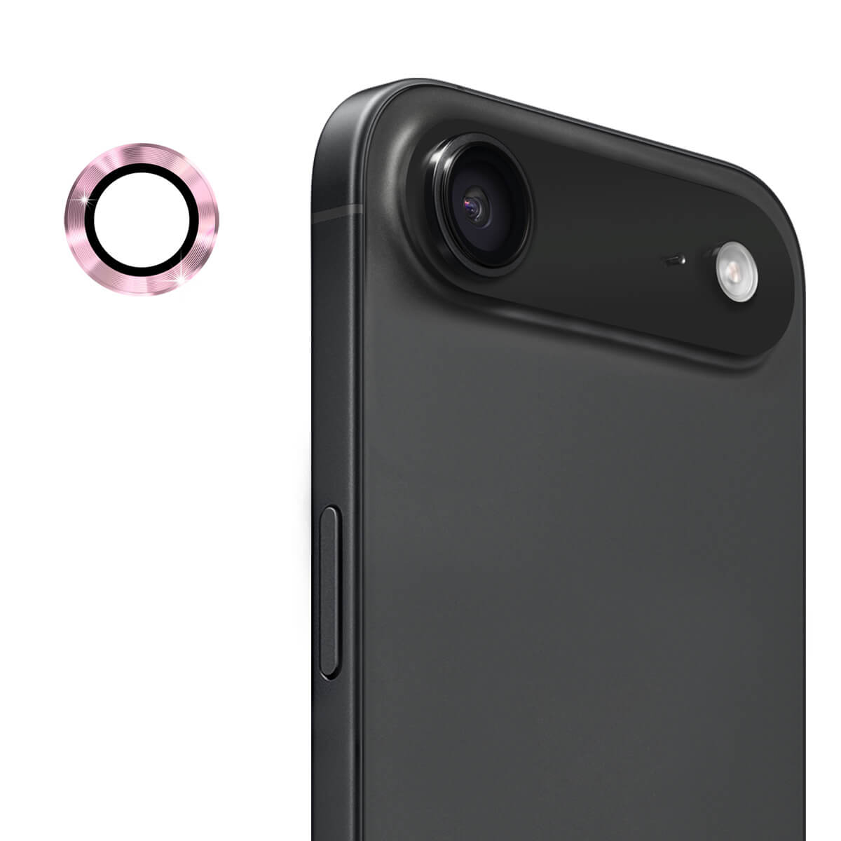 Nahaufnahme eines iPhone 17 Air, ausgestattet mit ENKAY Panzerglas Linsen Kamera, mit separatem rosa ENKAY Objektivschutz.