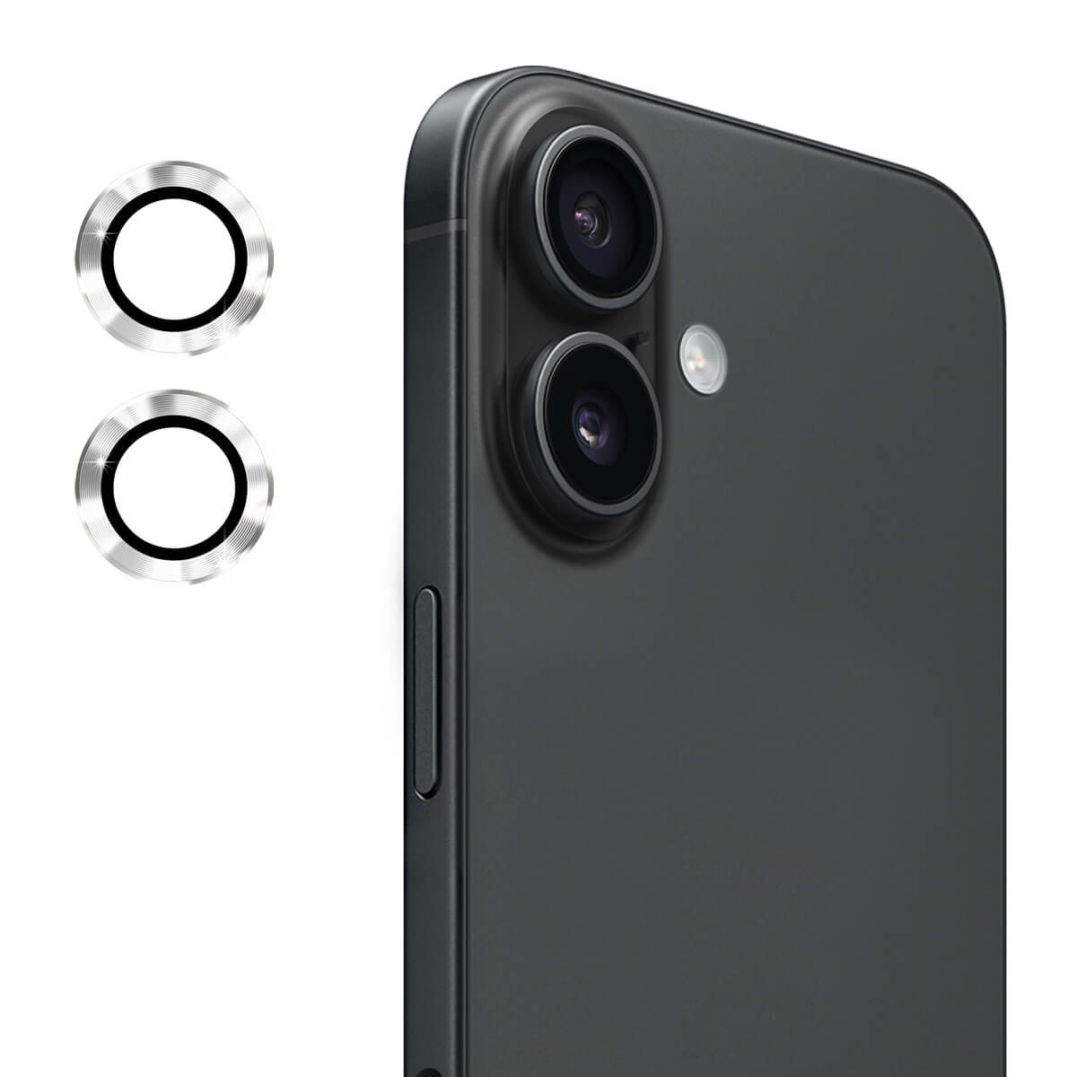 Das iPhone 17 verfügt über zwei rückwärtige Kameras mit Blitz, die neben zwei kreisförmigen ENKAY Panzerglas Linsen Kamera Objektivschützern gezeigt werden.