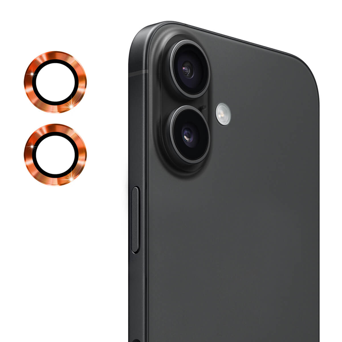 Nahaufnahme der Dual-Kamera eines iPhone 17, daneben zwei kupferne ENKAY Panzerglas Linsen Kamera Objektivschützer von ENKAY.