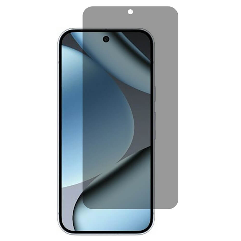Ein Cover-Discount Panzerglas Display Privacy Anti-Spy Bildschirmschutz ist genau über das Google Pixel 10 / 10 Pro ausgerichtet und zeigt seine gebogene abstrakte Tapete.