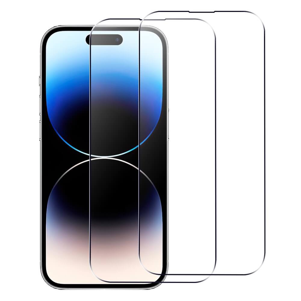 Zwei Cover-Discount iPhone 15 Pro Max Panzerglas Displayschutz (2 Stk.) abgebildet vor einem Smartphone mit Farbverlaufsdisplay, konzipiert für eine einfache, blasenfreie Anbringung.
