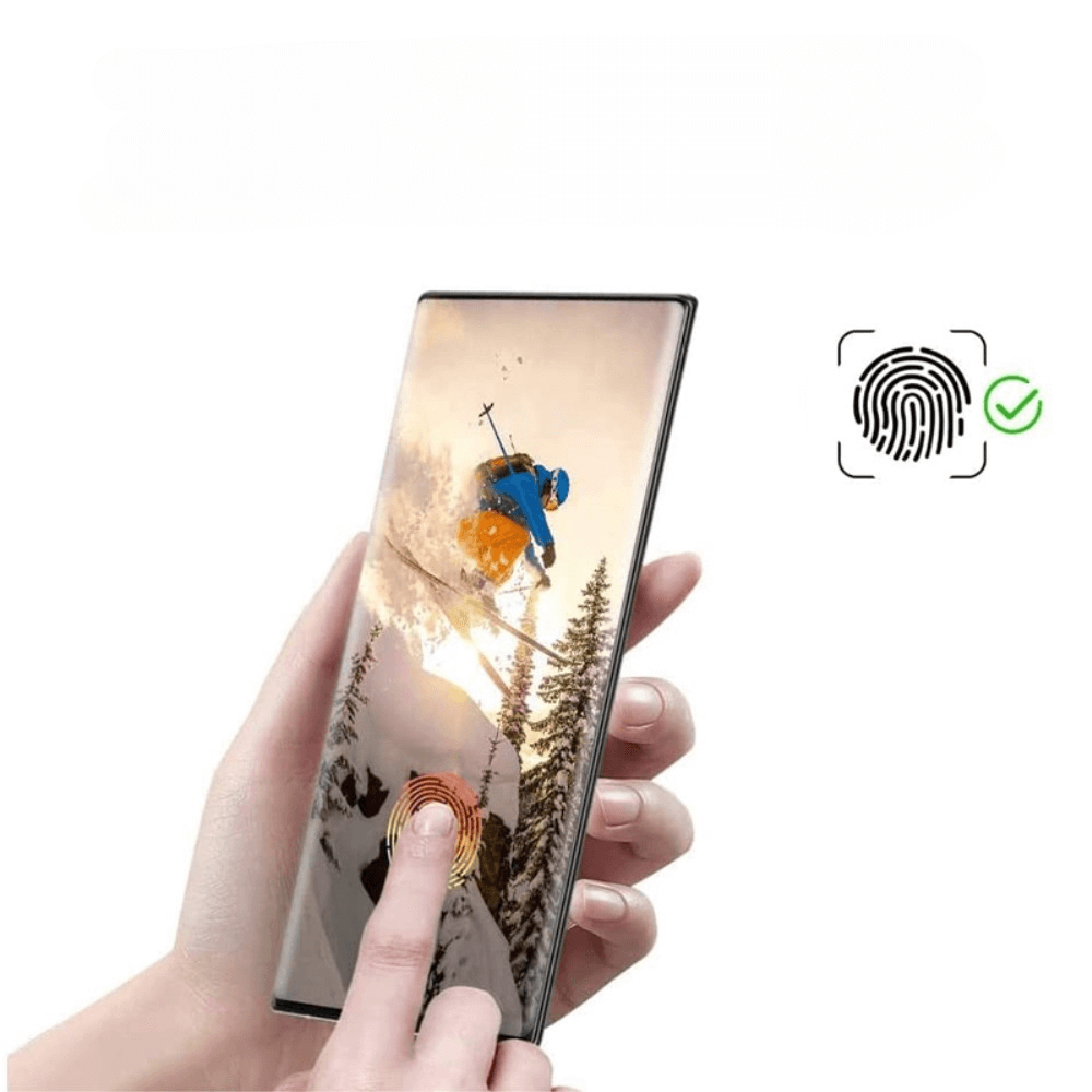Eine Hand entsperrt ein Smartphone mit einem Fingerabdruck, woraufhin ein Skifahrer auf dem Bildschirm angezeigt wird, geschützt durch das Panzerglas Display Privacy Anti-Spy-Glas von Cover-Discount für das Galaxy S25 Edge / S25+ / S24+ Plus.