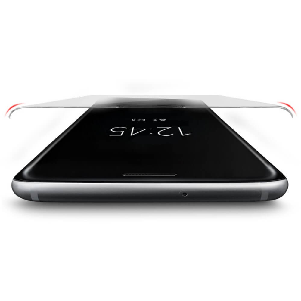 Ein Imak HONOR Magic6 Pro - IMAK Panzerglas Display-Displayschutz wird auf ein schwarzes HONOR Magic6 Pro-Smartphone aufgebracht, das die Uhrzeit 12:45 anzeigt.