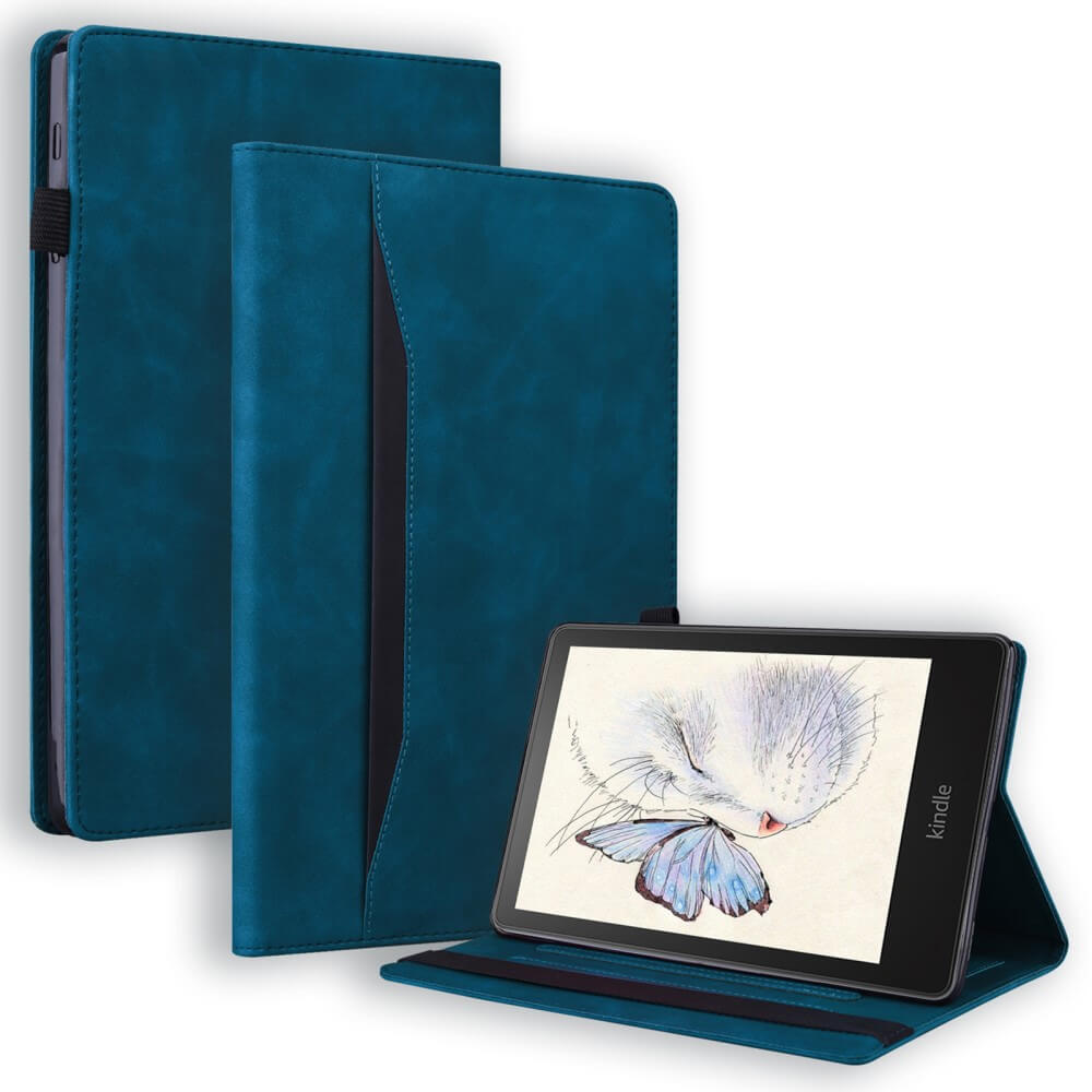 Drei Cover-Discount Kindle Paperwhite 2024 Etuis mit Kartenfächern in teal sind geschlossen, offen und als Ständer dargestellt und zeigen jeweils eine Zeichnung auf dem Kindle-Bildschirm.