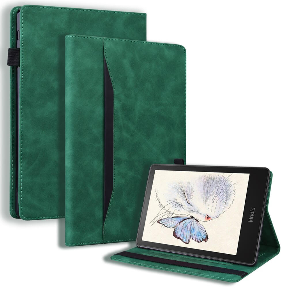 Der Cover-Discount Kindle Paperwhite 2024 - Etui mit Kartenfächer in Grün schützt Ihr Gerät stilvoll und praktisch, passt perfekt und lässt sich geschlossen, halb geöffnet oder als Ständer mit E-Reader nutzen.