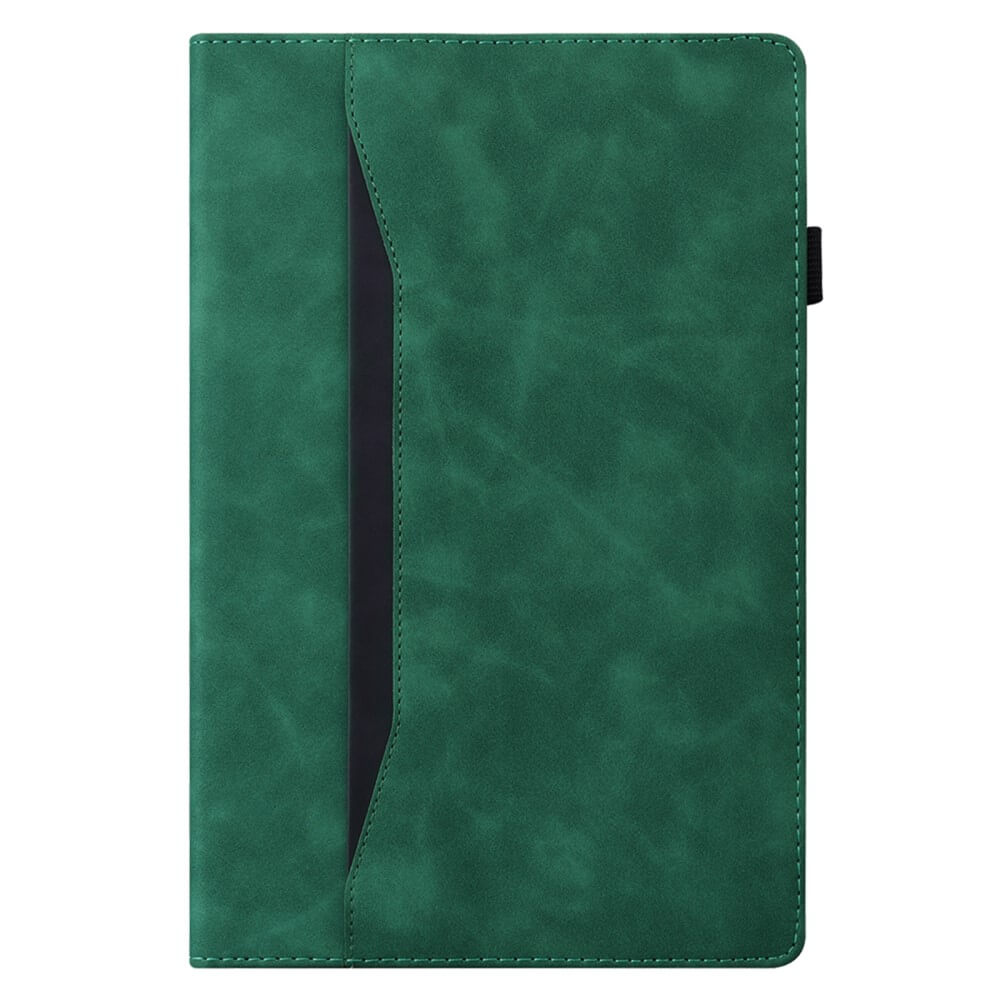 Das Cover-Discount Kindle Paperwhite 2024 Etui mit Kartenfächer ist eine grüne Kunstledertasche mit einem diagonalen schwarzen Akzent und einem Stifthalter auf der rechten Seite, ideal als stilvolle Kindle Schutzhülle.