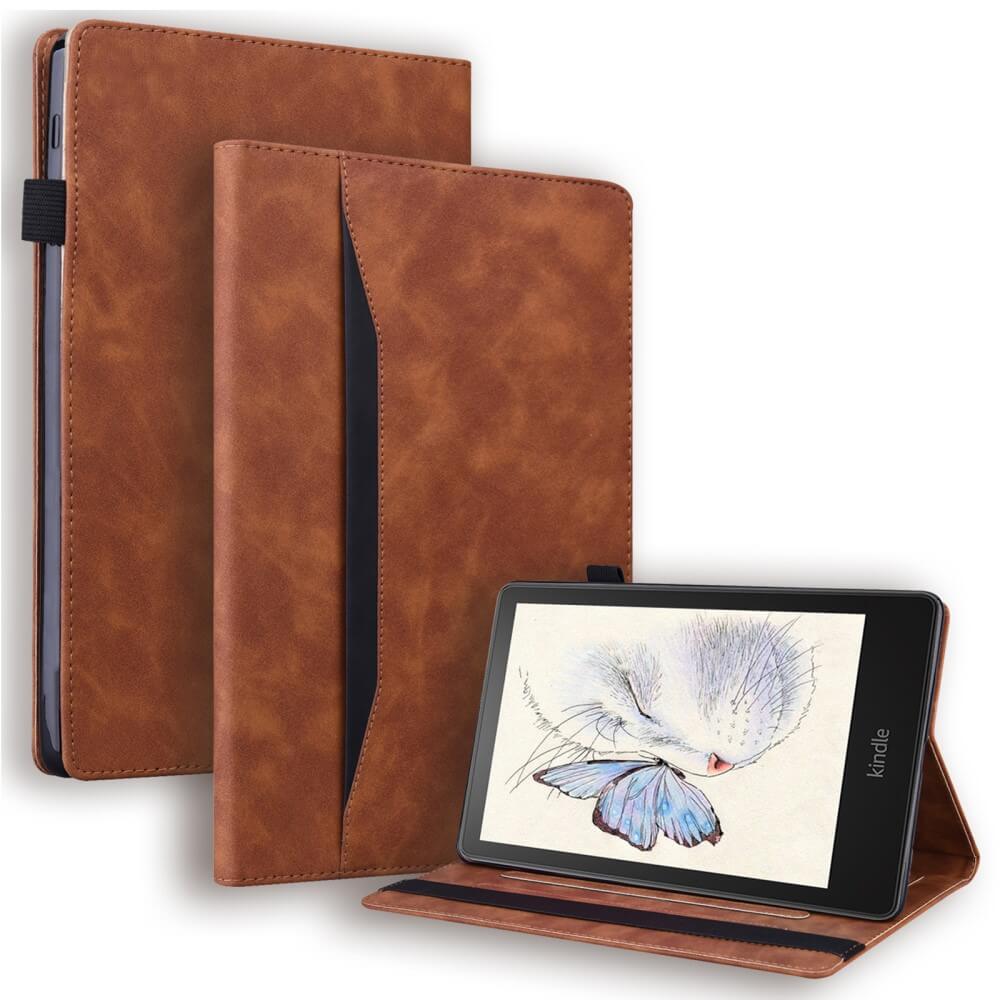 Das Cover-Discount Kindle Paperwhite 2024 - Etui mit Kartenfächer in braunem Kunstleder schützt stilvoll und zeigt offen und geschlossen Ihr Gerät - perfekt auch als Hülle mit Kartenfächern.