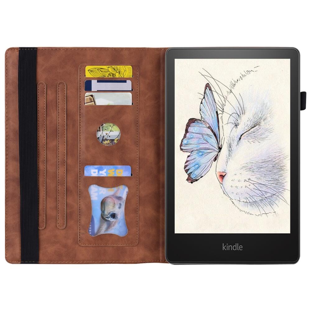 Das Cover-Discount Kindle Paperwhite 2024 Etui mit Kartenfächer zeigt eine Katze, die einen blauen Schmetterling berührt - stilvoller und funktionaler Schutz für dein Gerät.
