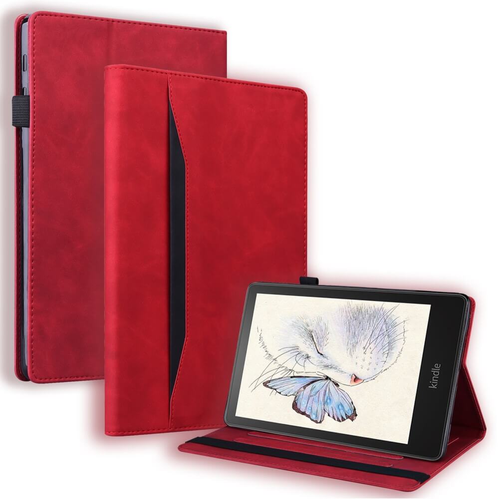 Das Cover-Discount Kindle Paperwhite 2024 - Etui mit Kartenfächer ist offen mit einem Tablet und Vogelmotiv sowie geschlossen mit sichtbarem Kartenfach und Stifthalter zu sehen.