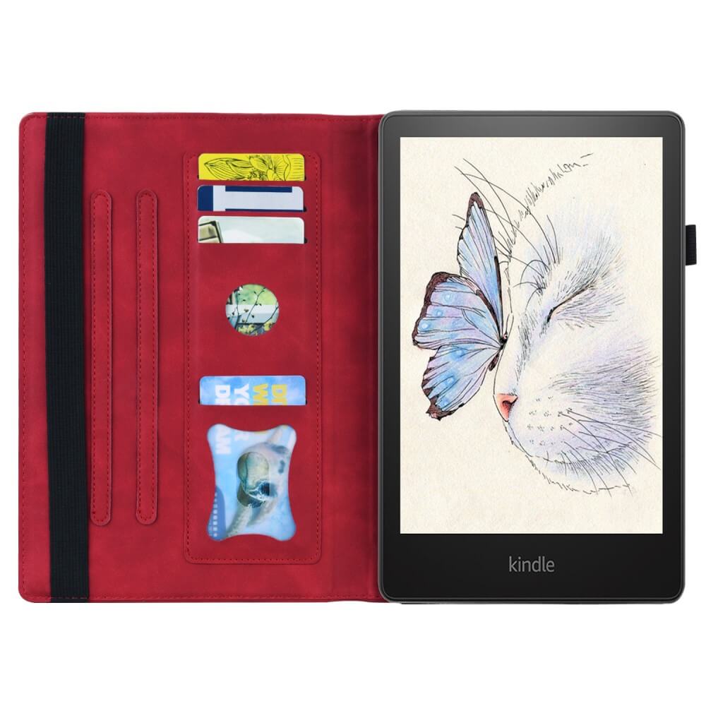 Die Cover-Discount Kindle Paperwhite 2024 - Etui mit Kartenfächer in Rot aus Kunstleder zeigt auf dem Display ein Design mit einer Katze und einem Schmetterling.