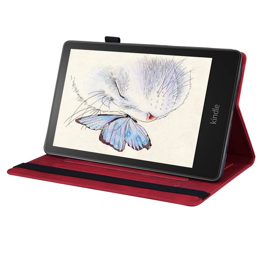 Das Cover-Discount Etui mit Kartenfächer für Kindle Paperwhite 2024 in Rot zeigt ein schlafendes Tier und einen blauen Schmetterling. Hochwertiges Kunstleder schützt Ihr Gerät stilvoll und zuverlässig.