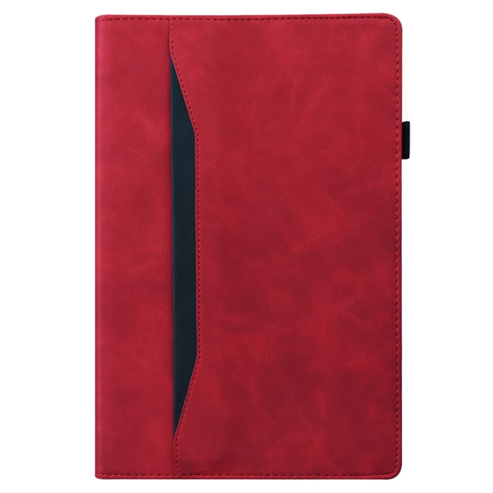 Das Cover-Discount Kindle Paperwhite 2024 - Etui mit Kartenfächern in Rot bietet eine diagonale schwarze Akzentlinie, einen seitlichen Stifthalter und eignet sich ideal als Schutzhülle für Kindle oder Kindle Paperwhite 2024.