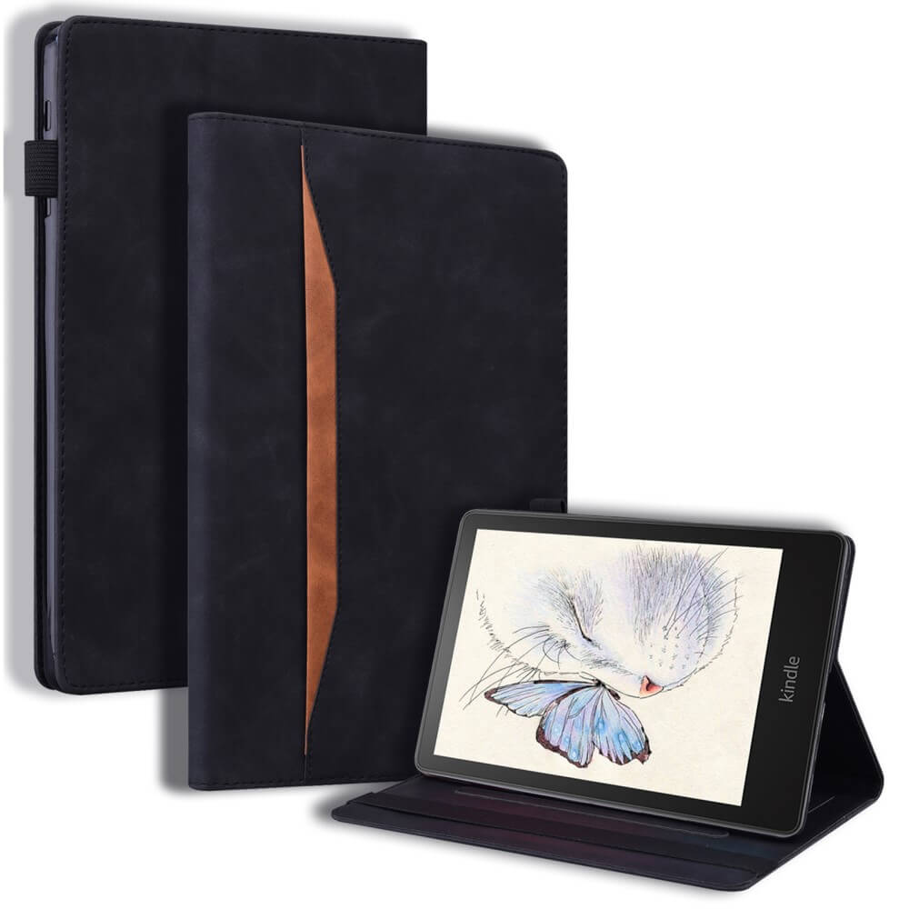 Drei schwarze Cover-Discount Kunstleder Etuis für Kindle Paperwhite 2024 mit Kartenschlitzen, einer davon offen, um einen E-Reader zu zeigen, der eine Zeichnung einer Maus und eines blauen Schmetterlings zeigt.