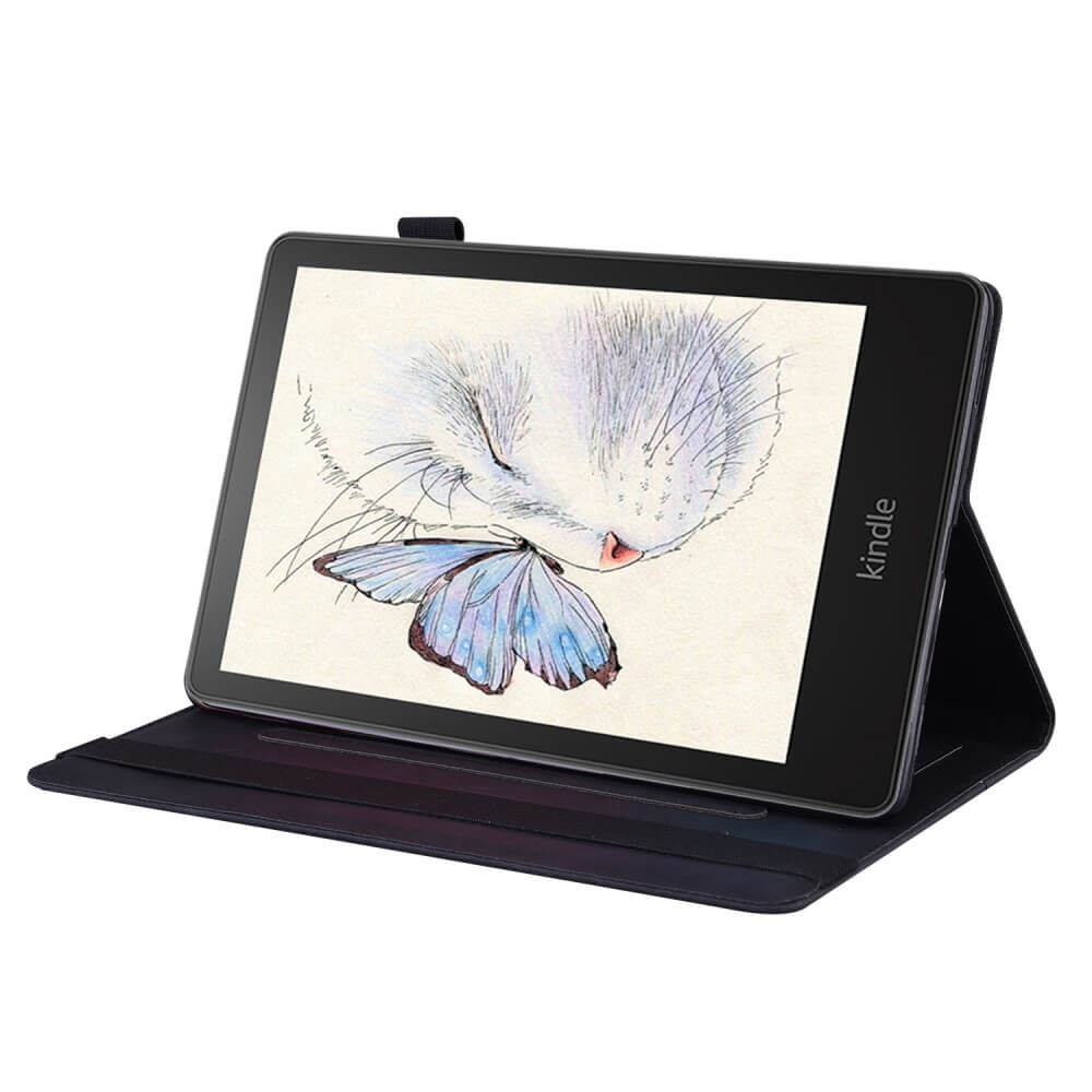 Ein Kindle Paperwhite 2024 in einem schwarzen Cover-Discount Etui mit Kartenfächer zeigt eine Hasenzeichnung mit einem blauen Schmetterling auf der Nase.