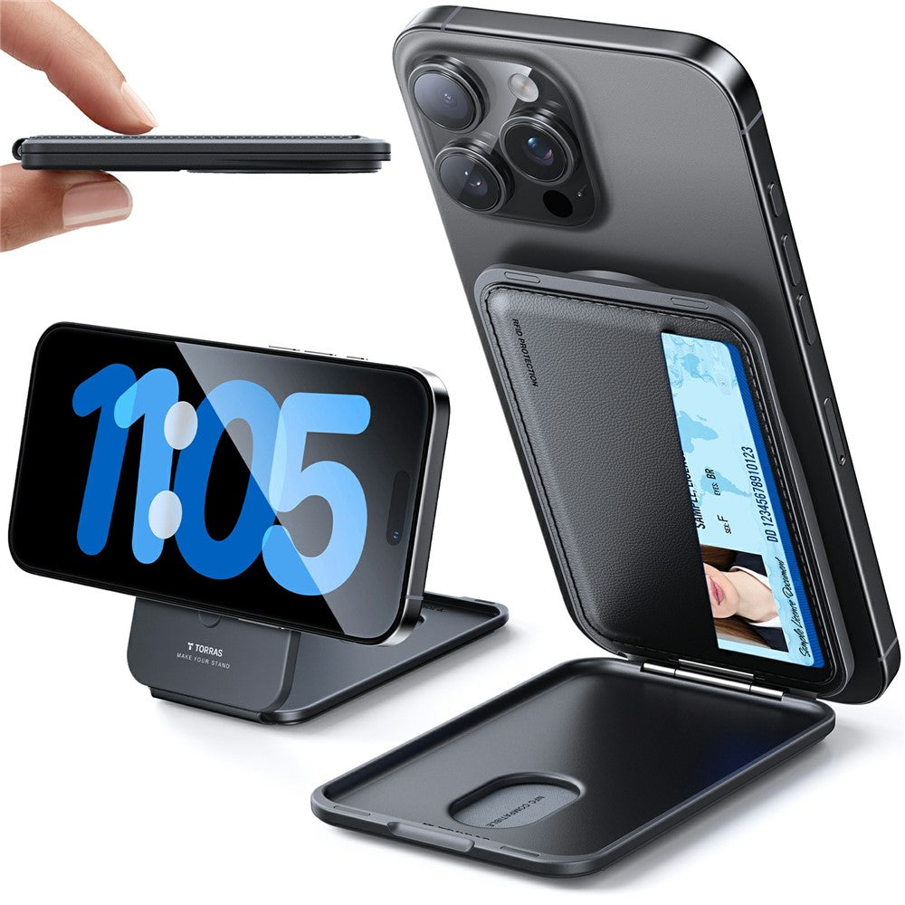 Der TORRAS MagSafe Kartenhalter mit 360°-Ständer für 3 Karten von Torras dient gleichzeitig als magnetisches Kartenetui und Smartphone-Ständer, hält bis zu drei Karten sicher fest und ermöglicht es, Ihr Gerät sowohl im Hoch- als auch im Querformat aufzustellen.