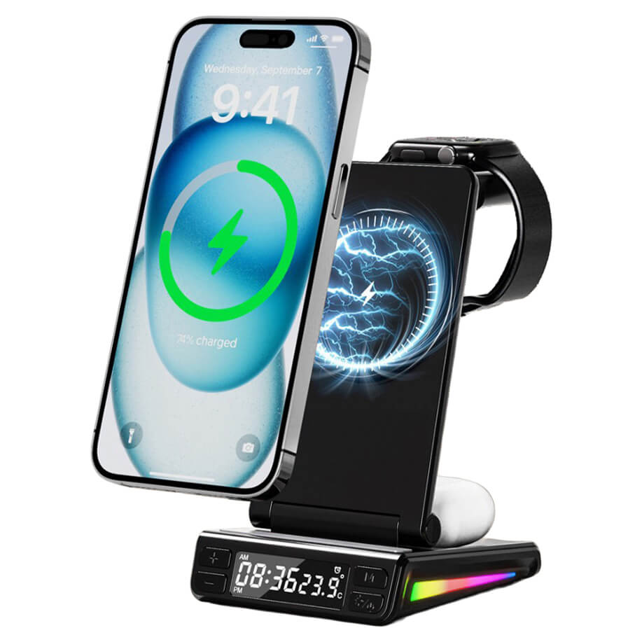Die Cover-Discount.ch Multifunktionale magnetische kabellose Ladestation lädt Smartphone, Earbuds und Smartwatch gleichzeitig und bietet eine praktische LED-Uhranzeige am Sockel.