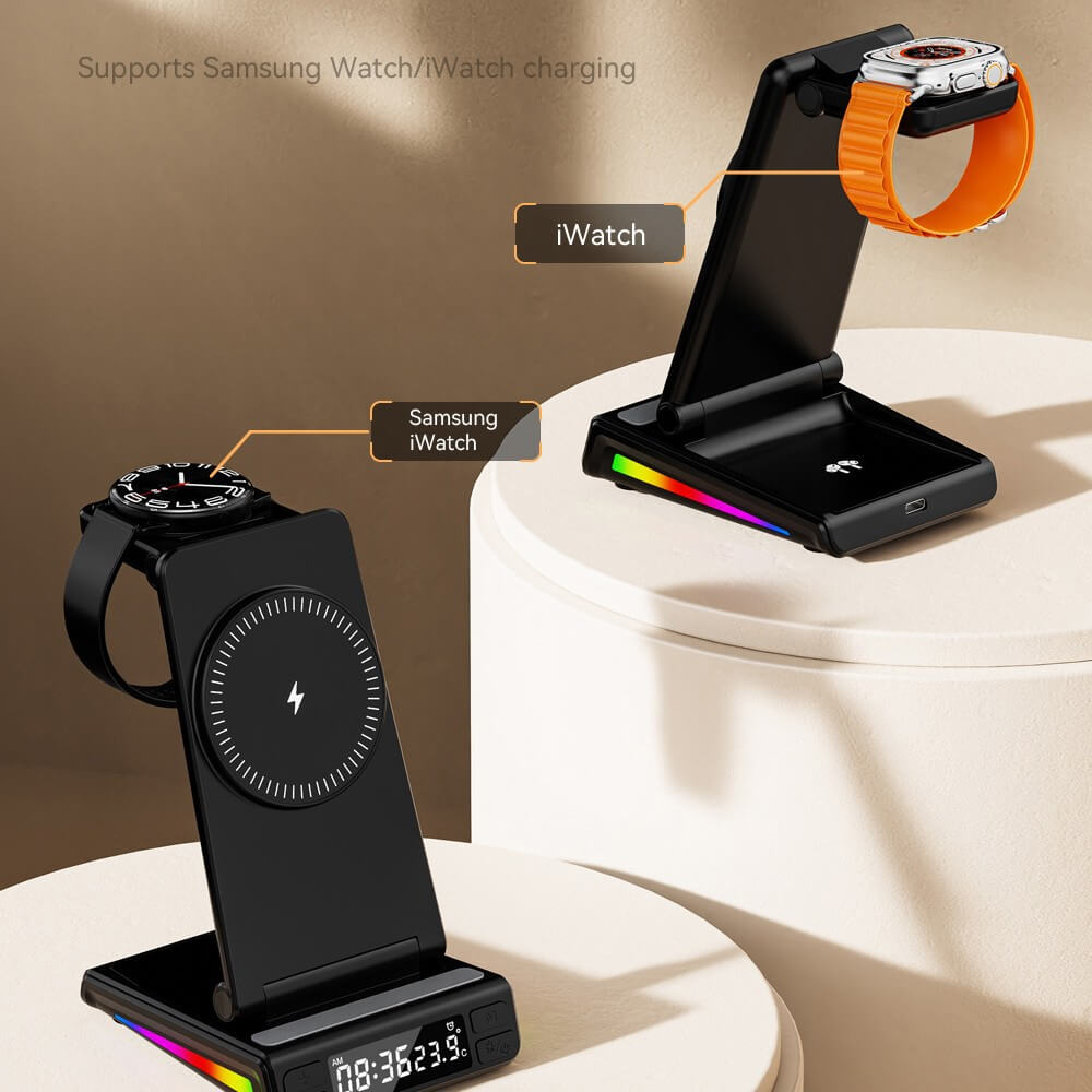 Zwei Smartwatches, eine Samsung Watch und eine iWatch, auf der multifunktionalen magnetischen kabellosen Ladestation mit LED-Uhranzeige von Cover-Discount.ch.