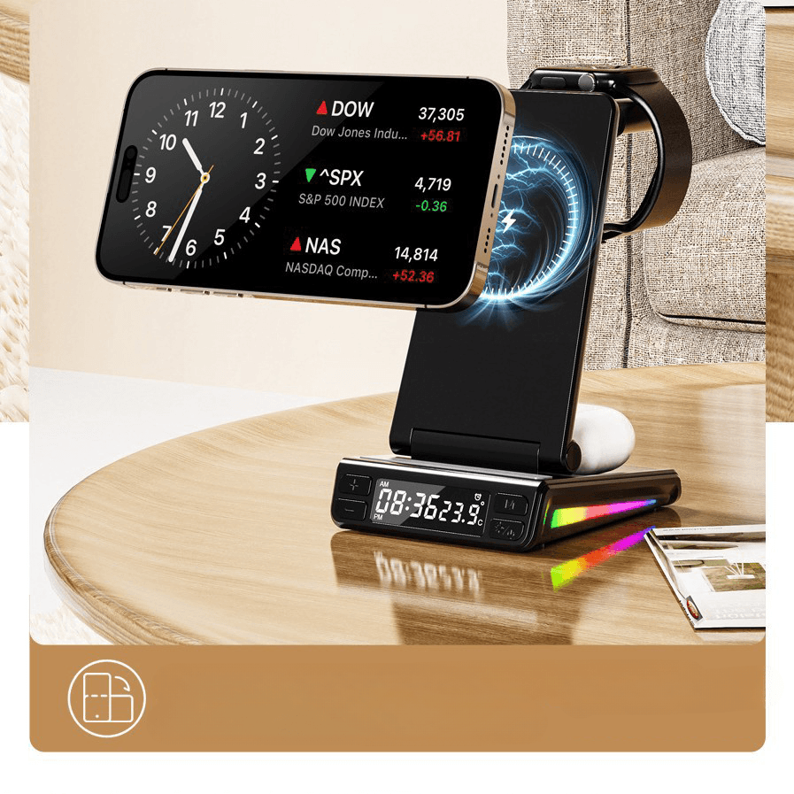 Die Multifunktionale magnetische kabellose Ladestation von Cover-Discount.ch lädt Smartphone, Earbuds und Smartwatch, zeigt dank LED-Uhranzeige die Uhrzeit an und sorgt für Komfort am Schreibtisch oder Nachttisch.