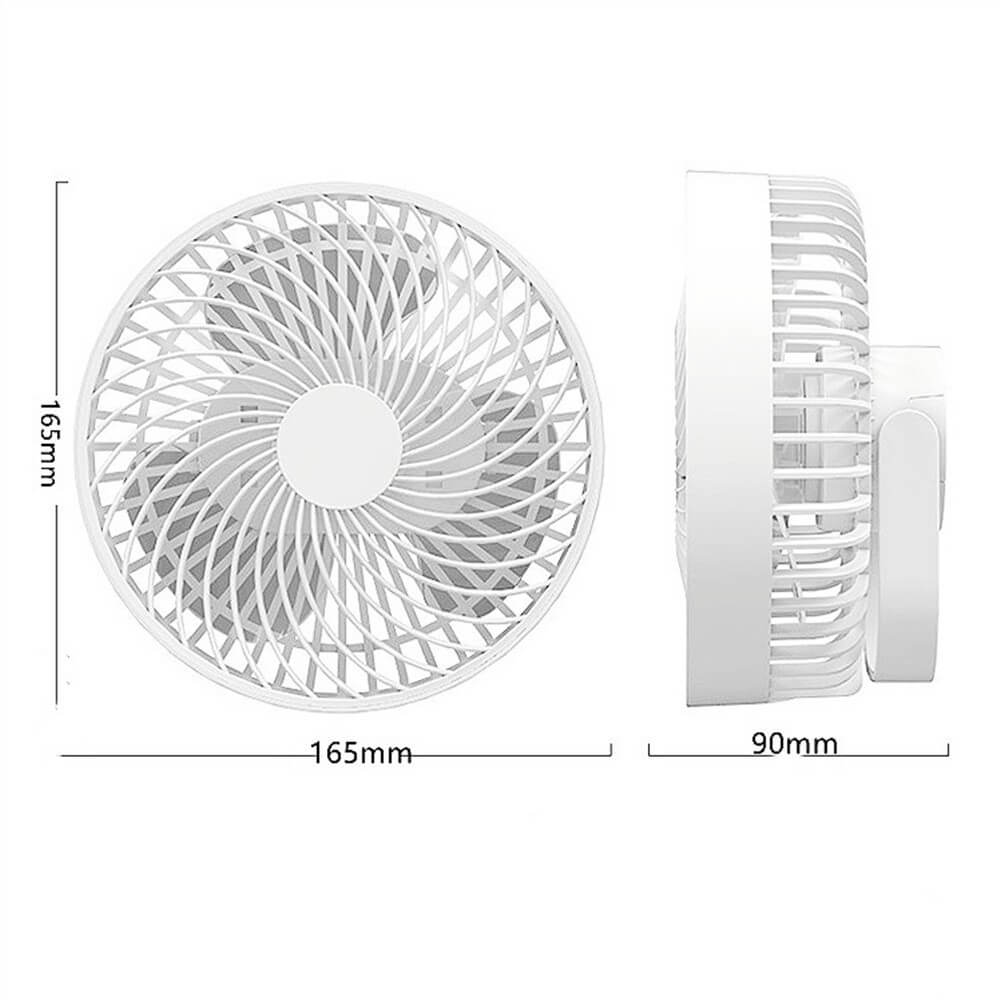 Der Cover-Discount Mini Ventilator Camping tragbar ist ein weißer, runder USB-Tischventilator (165 mm Durchmesser, 90 mm Tiefe), der eine 360°-Drehung für vielseitige Kühlung bietet – dargestellt in Vorder- und Seitenansicht.