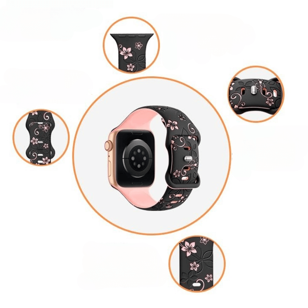 Cover-Discount Apple Watch 42/41/40mm Silikon Ersatzband Floral, schwarzes Sportarmband mit rosa Blumenmuster, aus verschiedenen Perspektiven um eine zentrale Nahaufnahme gezeigt.