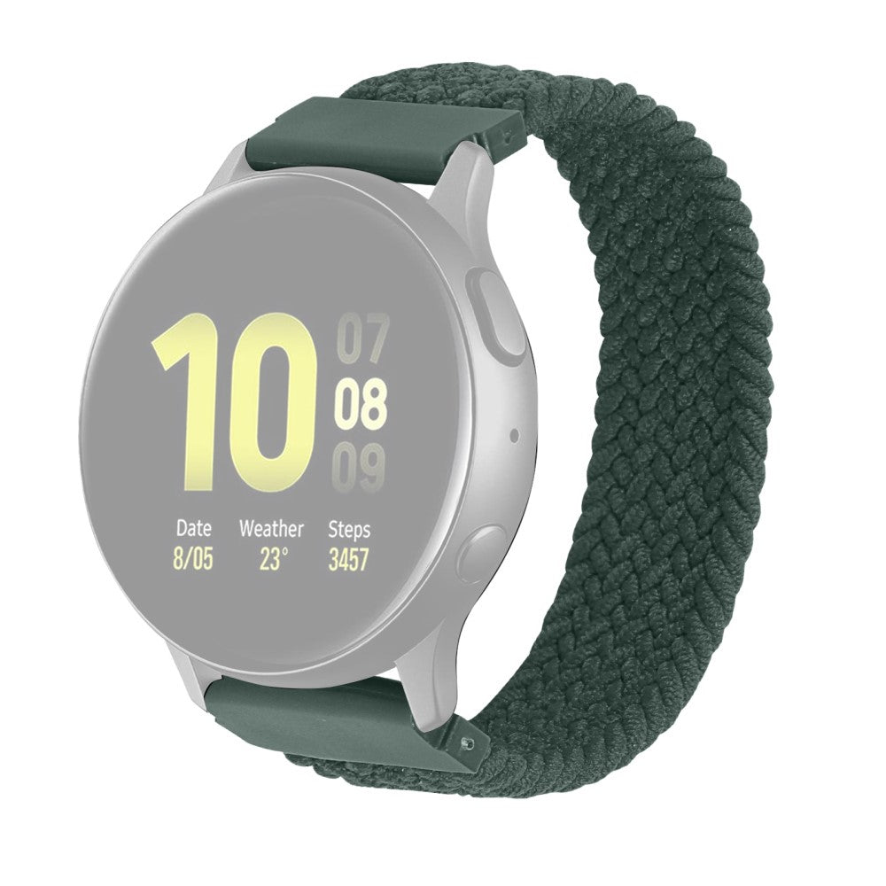 Eine silberne Smartwatch mit einem 22-mm-Nylonarmband von Cover-Discount in Dunkelgrün, das auf seinem Bildschirm Uhrzeit, Datum, Wetter und Schritte anzeigt.