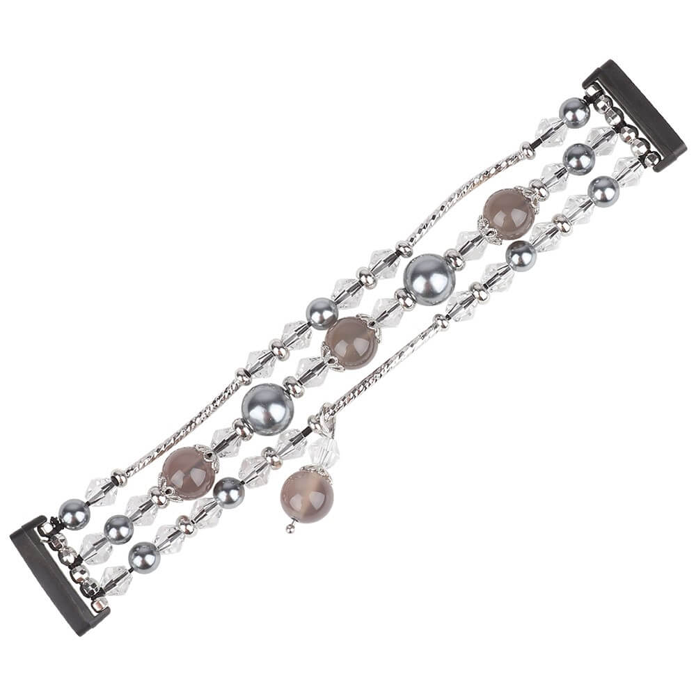 Das Perlen-Strass-Armband von Cover-Discount für Fitbit Versa 4/Sense 2 besteht aus mehreren silbernen Strängen mit grauen, silbernen und klaren Perlen in verschiedenen Größen – ein elegantes, funkelndes Band, das Ihren Alltagsstil unterstreicht.