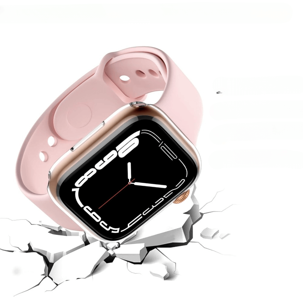Eine Cover-Discount-Apple Watch 10 (46 mm) mit einem transparenten Gummi-Schutzgehäuse scheint durch eine rissige weiĂe Oberfläche zu brechen, wobei ihr rosa Gehäuse und der schwarze Bildschirm deutlich zu sehen sind.